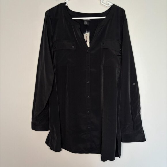 LANE BRYANT NEW Button Up Blouse Womens 22/24 Roll Tab Sleeve Black V-Neck - Picture 3 of 6